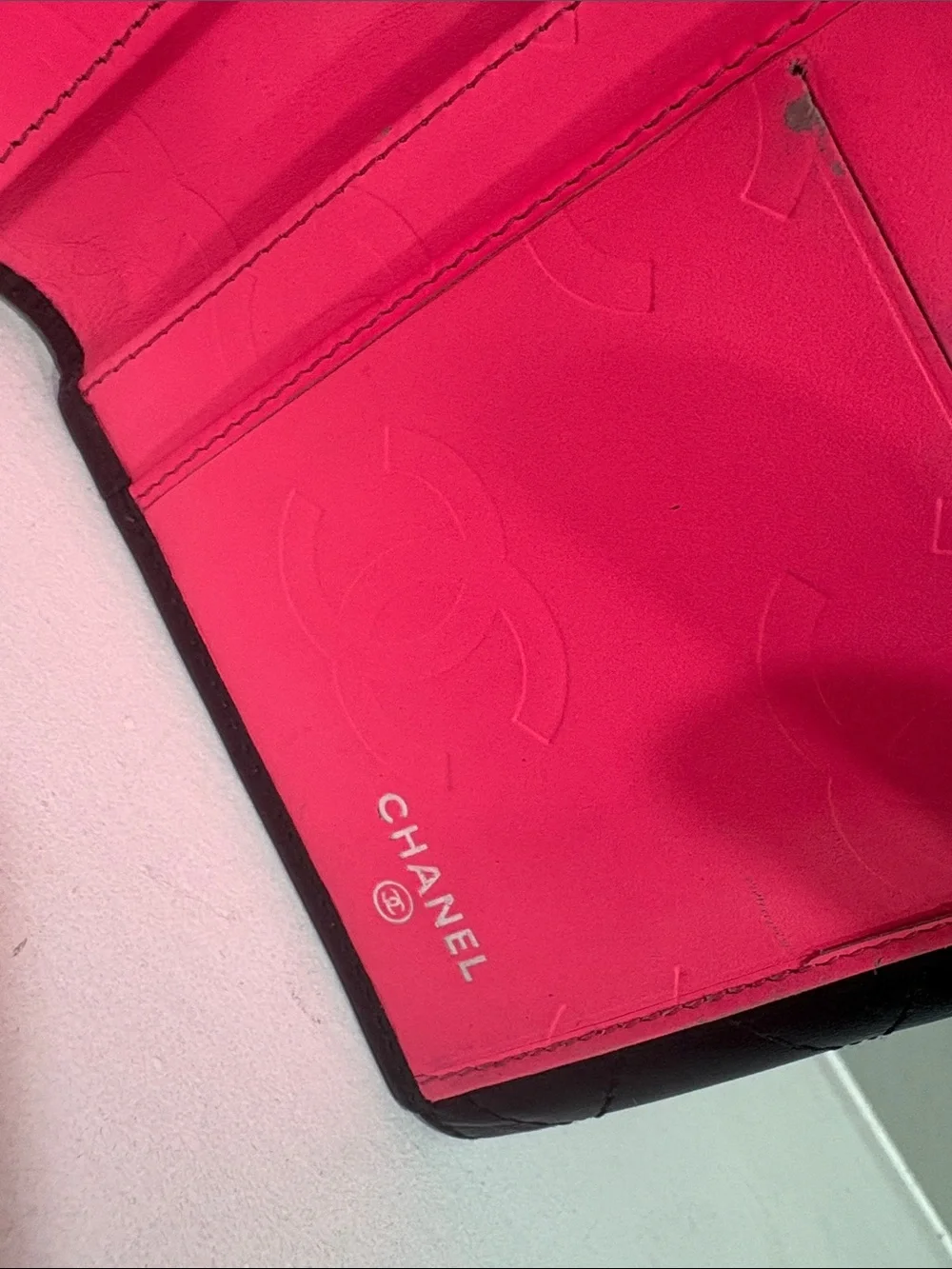 CHANEL Cambon Quilted Leather Flap Wallet pink interior